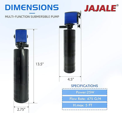 475 GPH Internal Filter Submersible Pump - 3 in 1 Aquarium Fish Tank Pump with Oxygenation, Filtration & Water Cycling, 5 ft max lift, 25W - 5 Pack