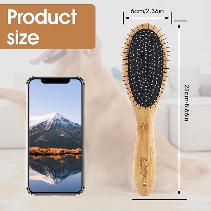 Dog Pin Brush, Airbag Grooming Wooden Comb Pet 20mm Stainless Steel Round Pin Slicker Brush with Bamboo Handle for Removing Shedding Tangles Dead Undercoat