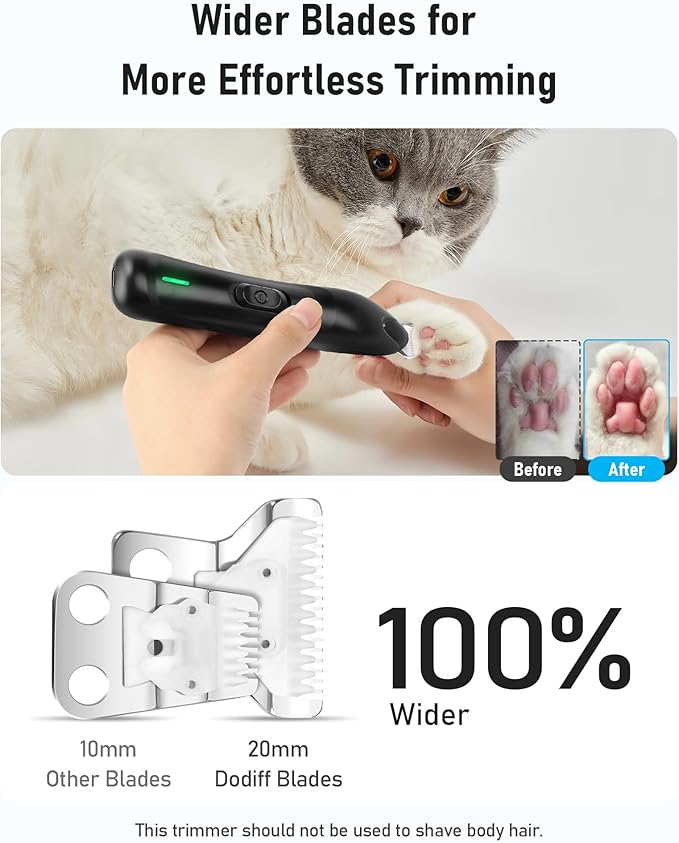 Dog Paw Trimmer with LED Light, Rechargeable Cordless Dog Clippers with Wider Blade for Grooming Pet's Paw Pad, Low Noise 2 Speed Electric Cat Hair Shaver for Small Areas