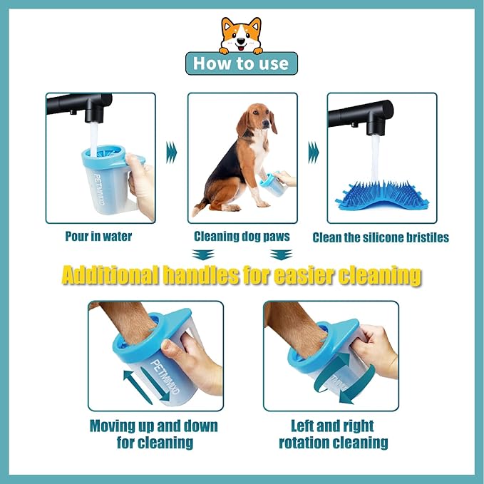 Dog Paw Washer with Handle, Absorbent Towels & Adjustable Bath Brush for Short and Long Hair, Muddy Foot Cleaner (Blue, Medium)