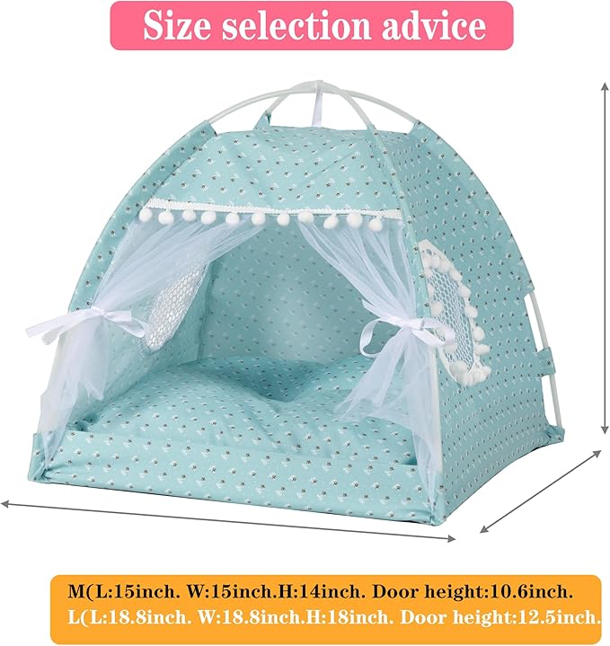Gigreinc Cat Princess Indoor Tent House Pet Dog Cute Flower Cave Nest Bed Kitten Tent Suitable for Samll Dogs (M:38x38x36cm/15x15x14inch, Flower Green)