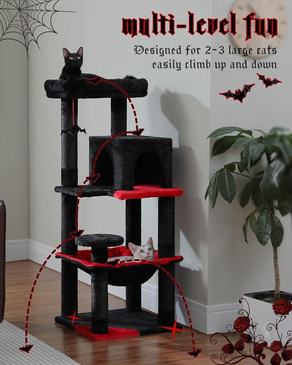 Gothic Cat Tree with Super Large Hammock, 45.7" Black Cat Tower with Coffin Bed, Cat Condo, Sisal Scratching Posts & Top Perch, Multi-Level Goth Cat Tree, Halloween, Black