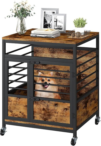 DWVO Dog Crate Furniture, 24 Inch Dog Kennel Indoor Furniture End Table for Dogs, Modern Decorative Wooden Cage with Wheels, Chew-Resistant, Rustic Brown