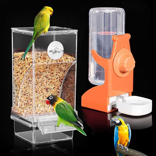 No Mess Bird Feeder for Cage, Automatic Drinker for Parakeet, Canary & Budgies (Orange)