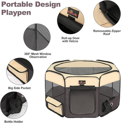 Aivituvin Dog Playpen, Foldable Pet Play Pens with Carrying Bag for Cat, Puppies, Rabbits, Portable Dog Tent Crates Cage for Travel Camping Indoor Outdoor, Removable Shade Cover, Brown S