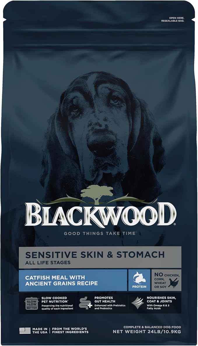 Blackwood Sensitive Skin & Stomach Dry Dog Food, Catfish Meal & Brown Rice with Ancient Grains, 24 Pound Bag with Prebiotics & Probiotics to Promote Gut Health