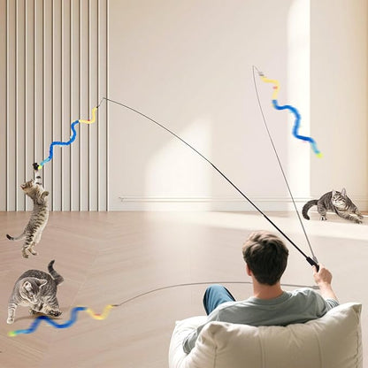 Cat Wand Toy, 9Pcs Retractable Plush Srtip Cat Teaser Wand Toys with Bell & String, Long Interactive Wand Toys for Indoor Kitten, Exercise