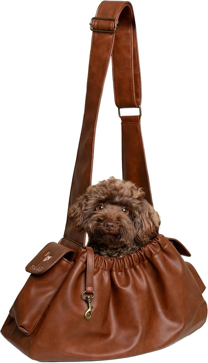 Noah & Paw Dog Sling Carrier for Small Dogs 5-18lb, Dog Sling for Small Dogs and Cats, Dog Carrier with Adjustable Padded Strap, Vegan Leather Lined with Fur, Double Safety Feature, Machine Washable