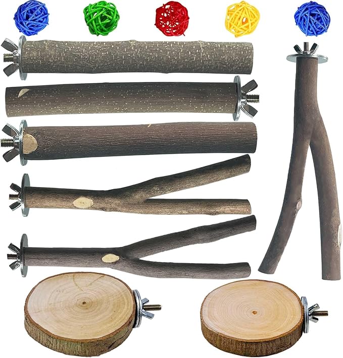 8 PCS Natural Wood Bird Perches Stand for Cage, 5 PCS Parrot Rattan Balls, Wooden Hanging Multi-Branch Perches Platform, Hammock Swing Toy for Parakeets, Budgies, Cockatiels, Conures, Macaws (13 PCS)