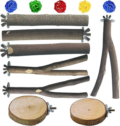 8 PCS Natural Wood Bird Perches Stand for Cage, 5 PCS Parrot Rattan Balls, Wooden Hanging Multi-Branch Perches Platform, Hammock Swing Toy for Parakeets, Budgies, Cockatiels, Conures, Macaws (13 PCS)