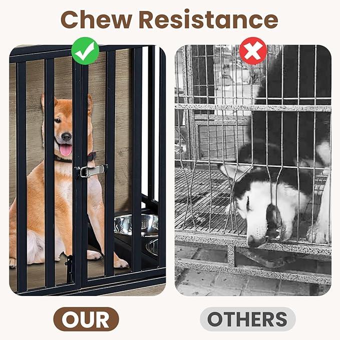 Rovibek 39" Dog Crate Furniture with Rotatable Bowls, Wooden Dog Crate End Table, Decorative Heavy Duty Dog Kennel Furniture Indoor with Double Doors 4 Wheels, Gray