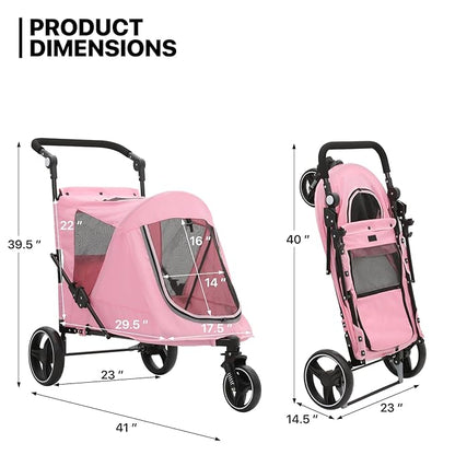 MoNiBloom Pet Stroller for Large Dogs or Multiple Dogs Cats with Adjustable Handle, 3-Wheels Dual Entry Portable Dog Carting Easy Folding Pet Wagon Double Dog Stroller up to 55 lbs, Pink