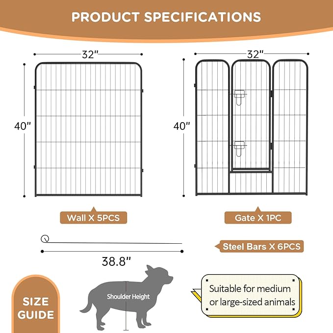 BestPet | Dog Playpen | 40 Inch, 6 Panels | Heavy Duty Metal Pet Exercise Pen | Indoor Outdoor Fence Panels | Rust-Resistant, Removable, Tool-Free Setup | Anti-Skid, Expandable Design