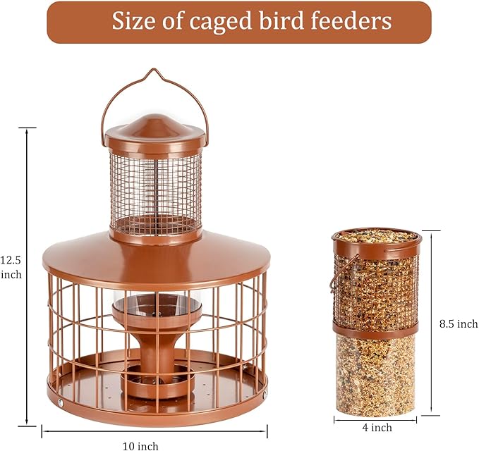 Caged Bird Feeders Squirrel-Proof, Metal, 2.8 Lbs Capacity-Cage Tube Seed Feeders with Tray Outdoor Hanging, Attract Birds,Detachable Cleaning, Starling Proof Wild Bird Feeder（Brown）