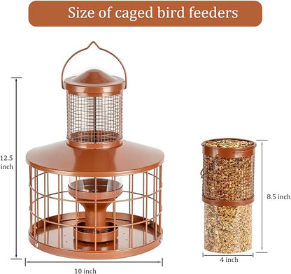 Caged Bird Feeders Squirrel-Proof, Metal, 2.8 Lbs Capacity-Cage Tube Seed Feeders with Tray Outdoor Hanging, Attract Birds,Detachable Cleaning, Starling Proof Wild Bird Feeder（Brown）