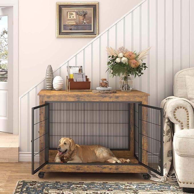 Dog Crate Furniture Dog Kennel for Home Indoor Use Furniture Dog Crate with Double Doors for Medium Large Dog 38.58" W x 25.2" D x 27.17" H Rustic Brown