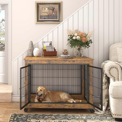 Dog Crate Furniture Dog Kennel for Home Indoor Use Furniture Dog Crate with Double Doors for Medium Large Dog 38.58" W x 25.2" D x 27.17" H Rustic Brown