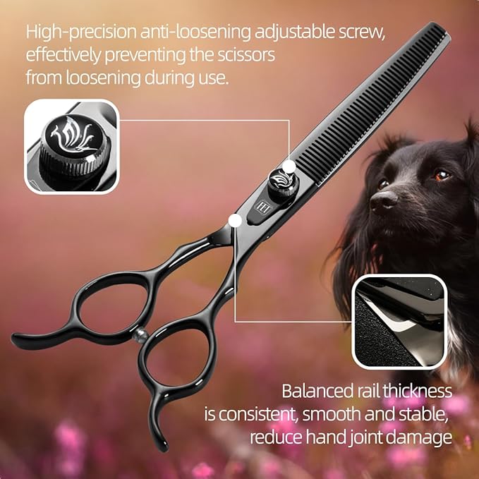 Dog Grooming Scissors: 7.5 inch Bright Black Pet Thinning Shears Made Of Japanese 440C Advanced Stainless Steel Professional Grooming Scissors for Dogs Cats and Other Pets