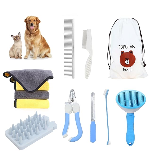 9 PCS Dog,Cat Grooming Brush Shedding Kit-Self-Cleaning Smooth Dog Brush Hair Removal And Flea Comb Rubber Bath Brush Toothbrush Grooming Brush Nail Clippers And File pet Bath Absorbent towel (blue)