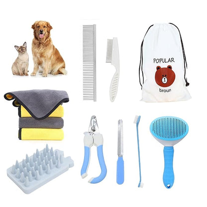 9 PCS Dog,Cat Grooming Brush Shedding Kit-Self-Cleaning Smooth Dog Brush Hair Removal And Flea Comb Rubber Bath Brush Toothbrush Grooming Brush Nail Clippers And File pet Bath Absorbent towel (blue)