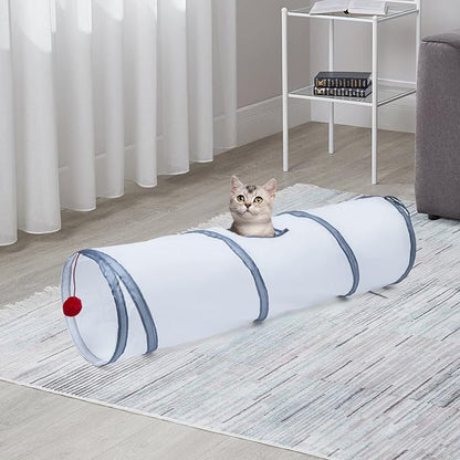 Sheldamy Cat Tunnel, 2-Way Cat Tunnels for Indoor Cats, Collapsible Cat Play Tunnel, Interactive Toy Maze Cat House with 1 Play Ball for Cats, Puppy, Kitty, Kitten, Rabbit (White & Grey)