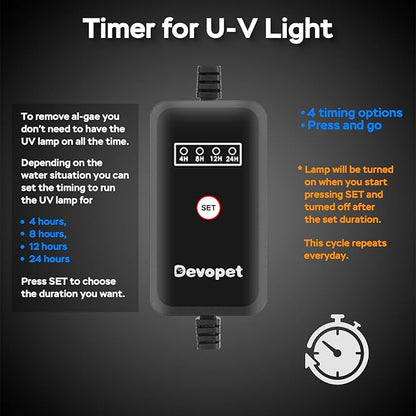 Aquarium U-V Light, Al-gae Clean Light for Fish Tank, Green Water Clean Lamp with Timer, Amphibian Aquarium U-V Lamp for in-Line and in-Tank Use, for 40-75 Gallons Fish Tanks(8W)