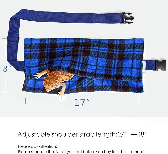 LIKZINWA Small Animal Sling Carrier,Bearded Dragon Carrier Lizard Carrier and Reptile Carrier with Adjustable Strap (Blue-Square)+UV Sensor Card