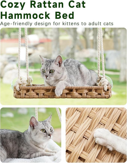 Cat Window Perch Cat Window Hammock Bed for Indoor Cats, Large Handwoven PE Rattan Window Seat, 4 Suction Cups, Double Sided Washable Cushion Bed, 2.3 Inch Fence Shelf, for Pet Kittens Natural