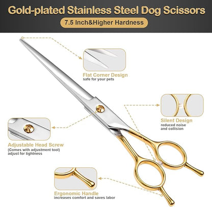 6 in 1 Dog Grooming Scissors Set - Durable Stainless Steel Golden Dog Grooming Shears Curved, Thinning & Straight - Poodle Grooming Kit Dog Groomer Gifts with Safe Tips for Home DIY/Professional Use