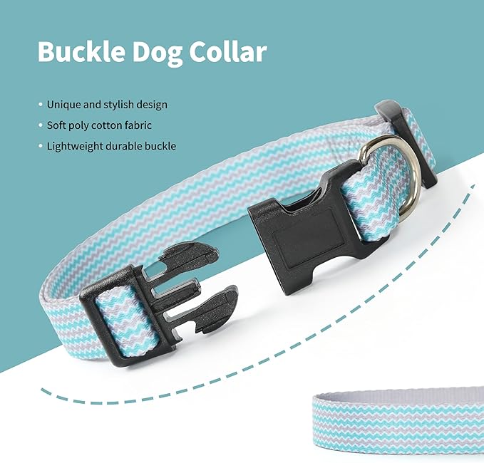 Mile High Life Dog Collar | Cute Puppy Collars | Lightweight Girl Dog Collar | Soft Boy Dog Collars | w Geometric Plaid Wave Line Pattern (Green Wave, Medium)