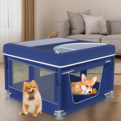 Dog Playpen 42 _ 42 Inch, Puppy PlayPen with Gate for Puppies, Cat, Small and Medium Dogs, Pet PlayPen with Roof for Outdoors & Indoors, Thickened Fabric, Safe & Sturdy Dog Fence
