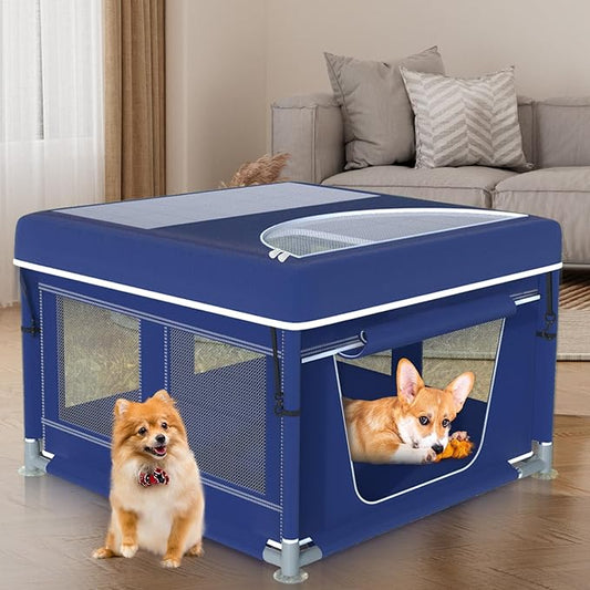 Dog Playpen 42 _ 42 Inch, Puppy PlayPen with Gate for Puppies, Cat, Small and Medium Dogs, Pet PlayPen with Roof for Outdoors & Indoors, Thickened Fabric, Safe & Sturdy Dog Fence