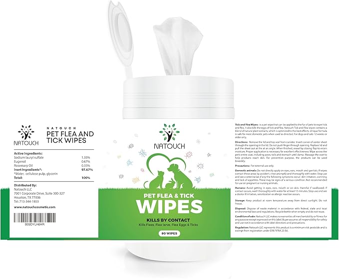 Flea and Tick Wipes for Dogs & Cats, Dog Flea and TIick Treatment Prevention Wipes, All Natural Grooming Wipes for Cleaning, Help with Ticks, Fleas, Eggs & Larvea, 160 Count