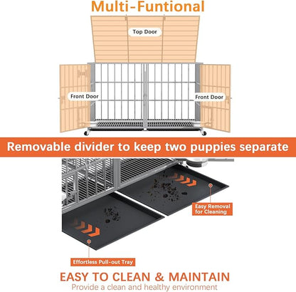 aboxoo 48/42 inch Heavy Duty Metal Dog Crate for 2 Dogs/Large Dog,All Metal Open Top,Dog Kennel Indoor with Wheels,Floor Grid, Tray, Divider and Feeding Bowl (Sliver)