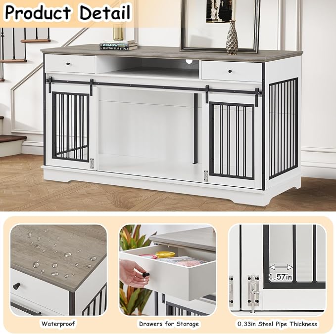 3-in-1 Double Dog Crate Furniture, 66.1 Inch White Furniture Kennel for Large Dogs with Divider, Dog Kennel Dog Crates TV Stand with 2 Drawers and Sliding Doors