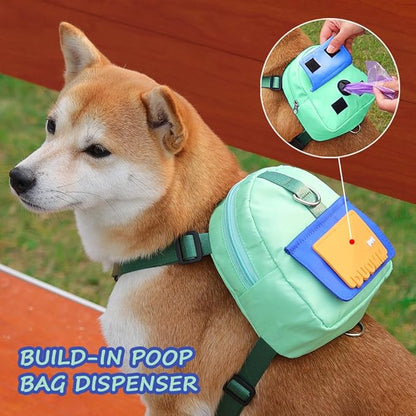Dog Backpack Harness with Leash,Cute Pet Puppy Backpacks Bulid-in Dog Poop Bag Dispenser,Adjustable Pets Self Carrier Bag for Small Medium Dogs Travel Hiking Daily Walking(M, Green)