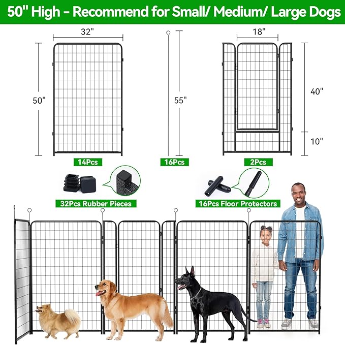 Dog Playpen Outdoor Extra Wide 16 Panels Heavy Duty Dog Fence 50" Height Anti-Rust with Doors Portable for RV Camping Yard, Total 42FT, 140 Sq.ft, Snowy Black