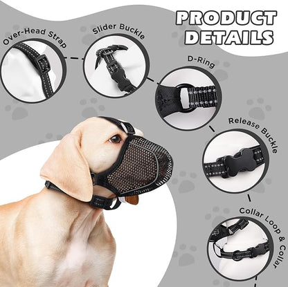 Dog Muzzle,Mesh Soft Muzzle for Small Medium Large Sized Dogs, Breathable Reflective Adjustable Puppy Muzzles with Collar for Scavenging Grooming Biting Chewing,Allows Panting and Drinking