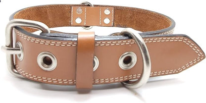 Genuine Leather Dog Collars with Stainless Steel Buckle and Double D Rings  (12"-15", Tan)