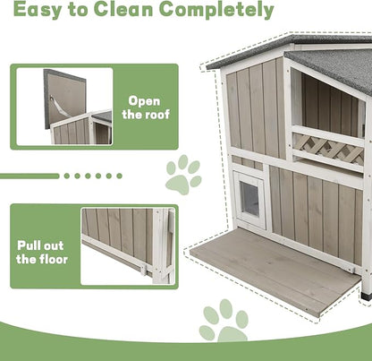 2-Story Outdoor Large Cat House with Patio, Weatherproof Wooden Feral Shelter for Indoor & Outdoor, Openable Roof, Escape Safe Doors, 2 PVC Door Strip, 2 Platforms