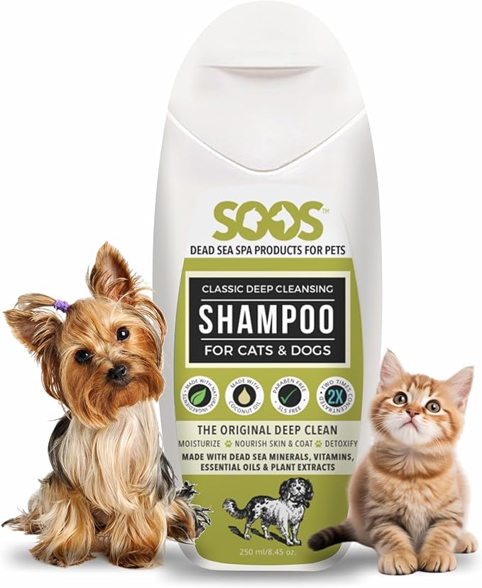 Soos Pets Dog Shampoo for Cats and Pets Natural Dead Sea Classic Deep Cleansing Fast Absorbing Coat with Vitamins Minerals Essential Oils Natural Ingredients Antib-acterial - 1x Pet Shampoo (250ml)