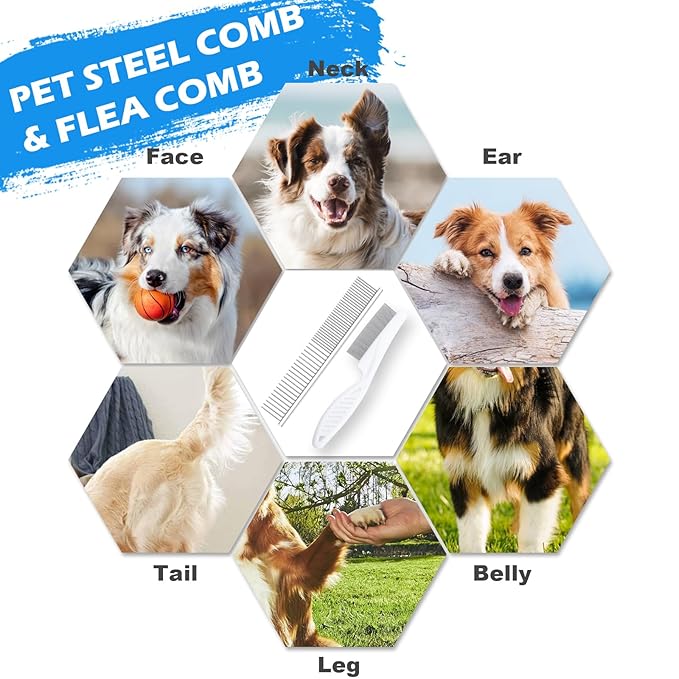 Dog Grooming Kit, Includes 7PCS Deshedding Brush, Pin Brush, Flea Comb, Metal Comb, Bath Brush, Nail Clipper and File, for Small, Medium and Large Dogs (Grey)