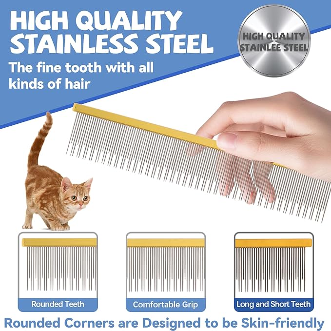 8.5 Inch Dual Tooth Pet Comb for Mats and Tanglesï¼_rofessional Grooming Flea Comb Removing Excess Hair for Long-Haired Cats and Dog Kit,Prevent Undercoat, Excess Hair,Mats and Tangles,Pet Essential