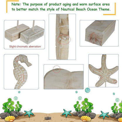 3pcs Wood Handmade Beach Nautical Style Figurines Starfish/Conch/Seahorse Statue Home Decor