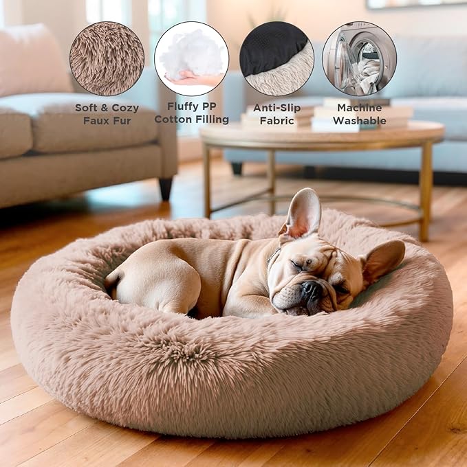 Small Donut Dog Bed, Calming Dog Bed Washable Ideal for Small to Large Dogs and Cats & Round Dog Bed,Anti-Anxiety Multiple Sizes (Brown, Combo Small (23" L x 23" W x 7" Th))