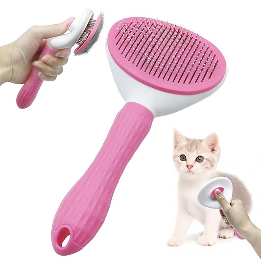 Treasurecove Self Cleaning Slicker Brush, Cat & Dog Brush for Grooming, Easy Hair Removal, Massaging Bristles, Comfortable Handle, Pink, All Hair Types, Cats & Dogs