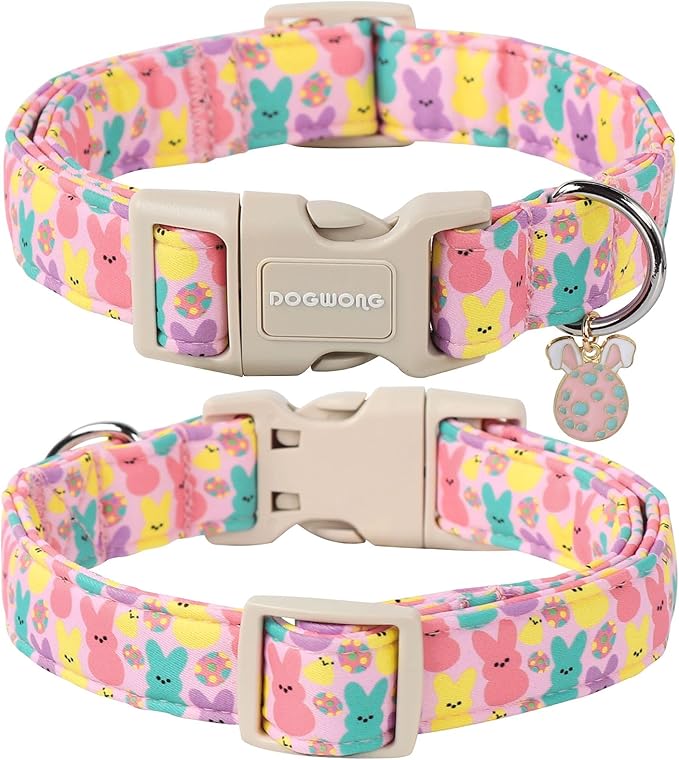 DOGWONG Easter Dog Collar - Cute Bunny Eggs Pink Babbit Pet Collar for Girls, Puppies - Adjustable Soft for Large Dogs