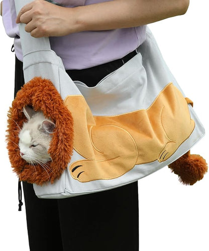 Dog Carrier Sling Lion-Shaped Pet Canvas Bag Cat Shoulder Bag Pet Body Holder for Daily Use Walking Travel Outdoor, Light Grey S