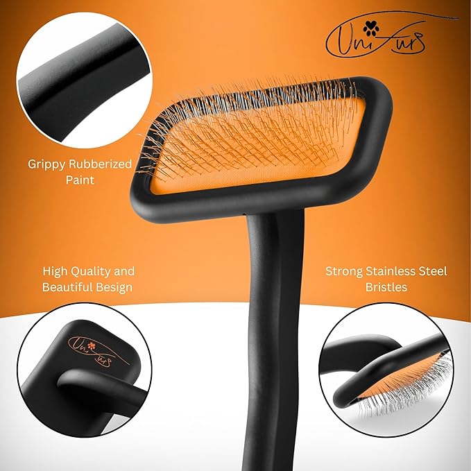Black Dog Slicker Brush for Shedding & Grooming | Fluff & Volumize | Soft Bristles & Vented Cushion | Matt Rubberized Paint | Grippy Handle | Dog & Cat Brush | Wire Brush | Orange Details