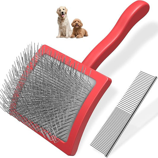 2PCS Slicker Brush for Dogs & Pet Comb,Professional Dog Grooming Brush (Goldendoodles,Poodles,Labradoodles) with Extra Long Pins to Effectively Remove Tangles, Knots and Mats (Red Large)